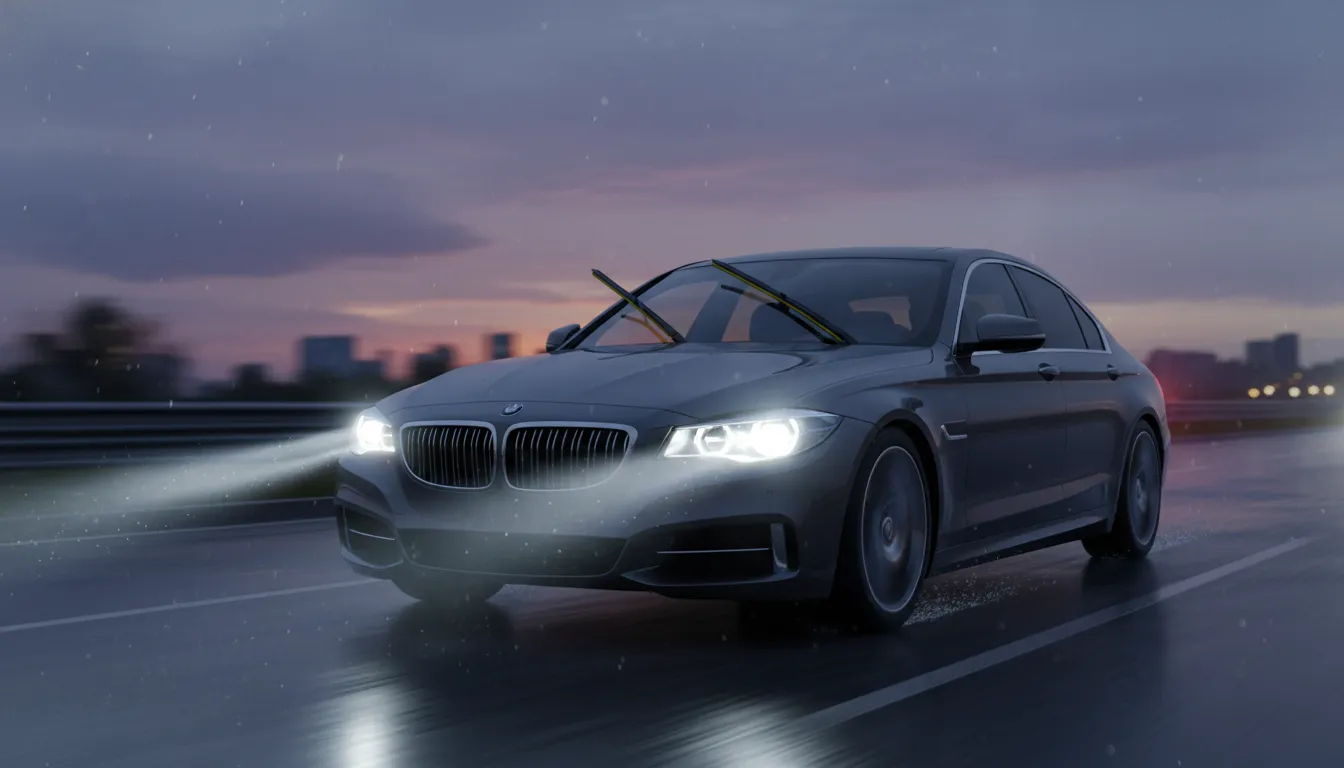 벤딕트 와이퍼 장착 차량이 빗길을 안전하게 주행하는 모습