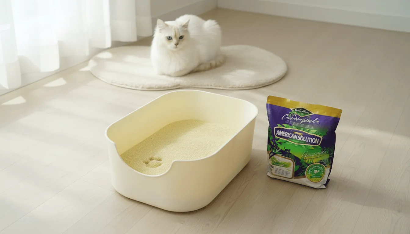 고양이 모래가 깔린 깔끔한 화장실 모습